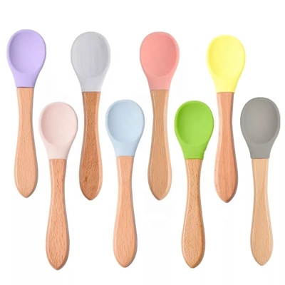 Cuillère en bois BPA d'alimentation infantile de poignée catégorie comestible libre cuillère molle de bébé de silicone